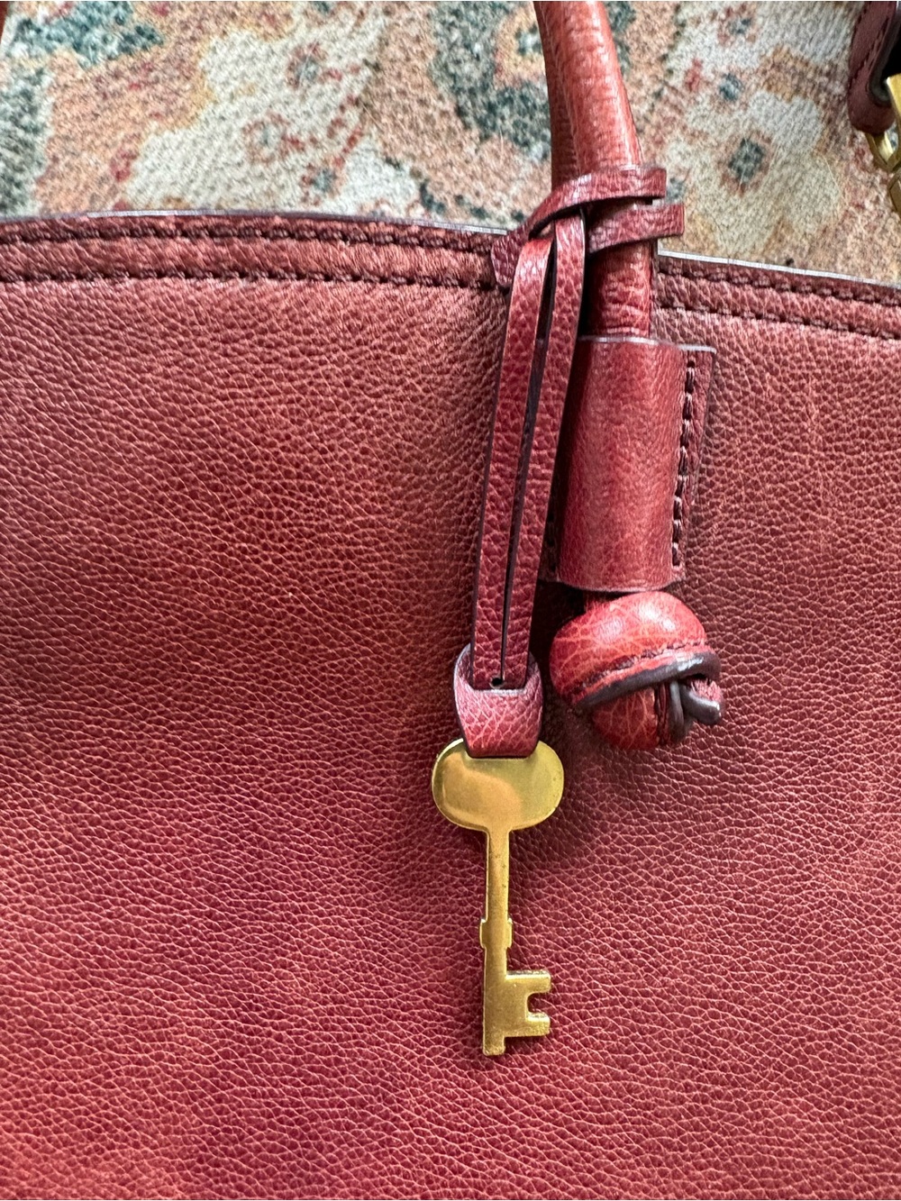 Fossil Genuine Leather Satchel | Burgundy Pebbled Leather | Brass key Charm - Picture 5 of 11